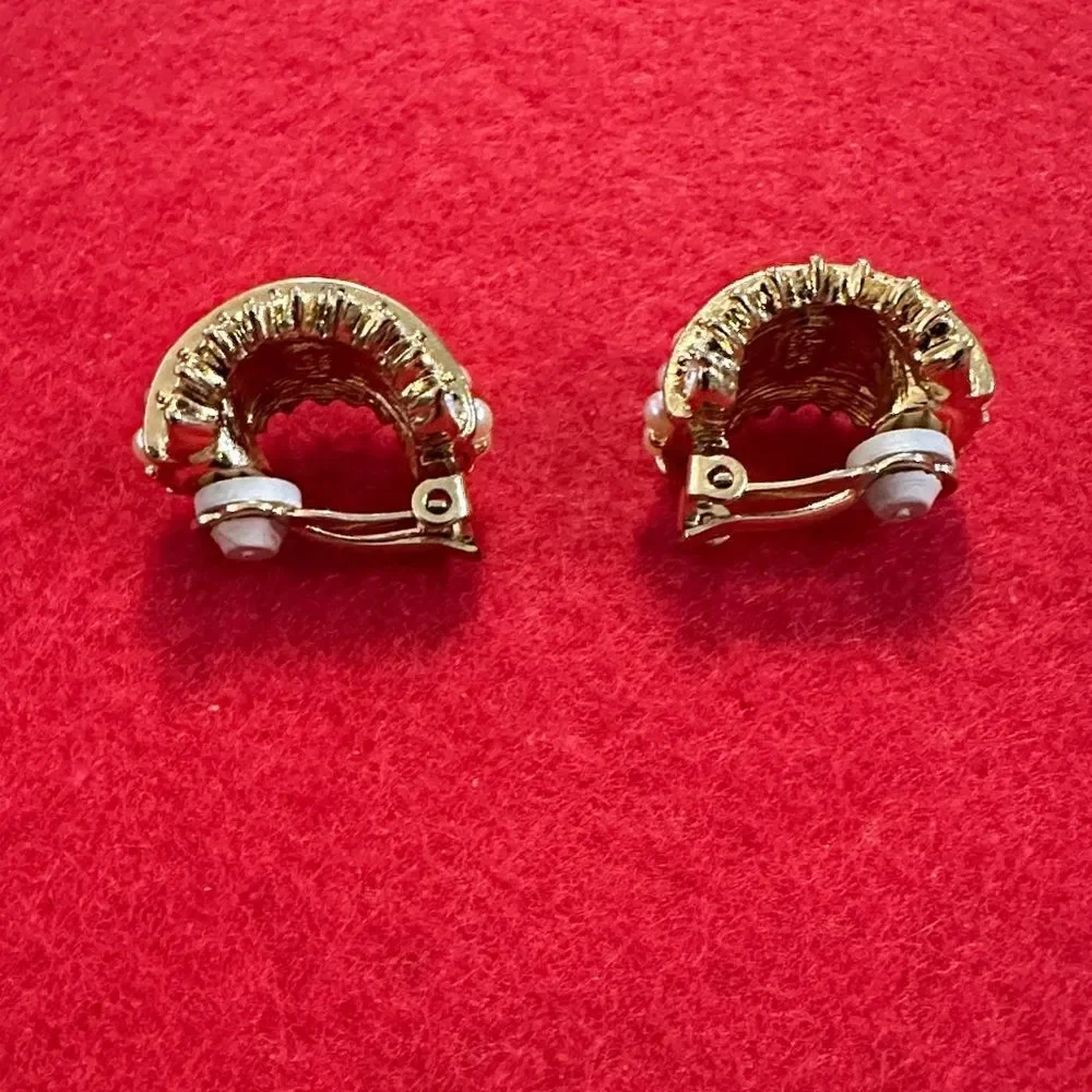 Joan Rivers RARE Stamped Pearl and CZ Half Hoop Clip On Earrings